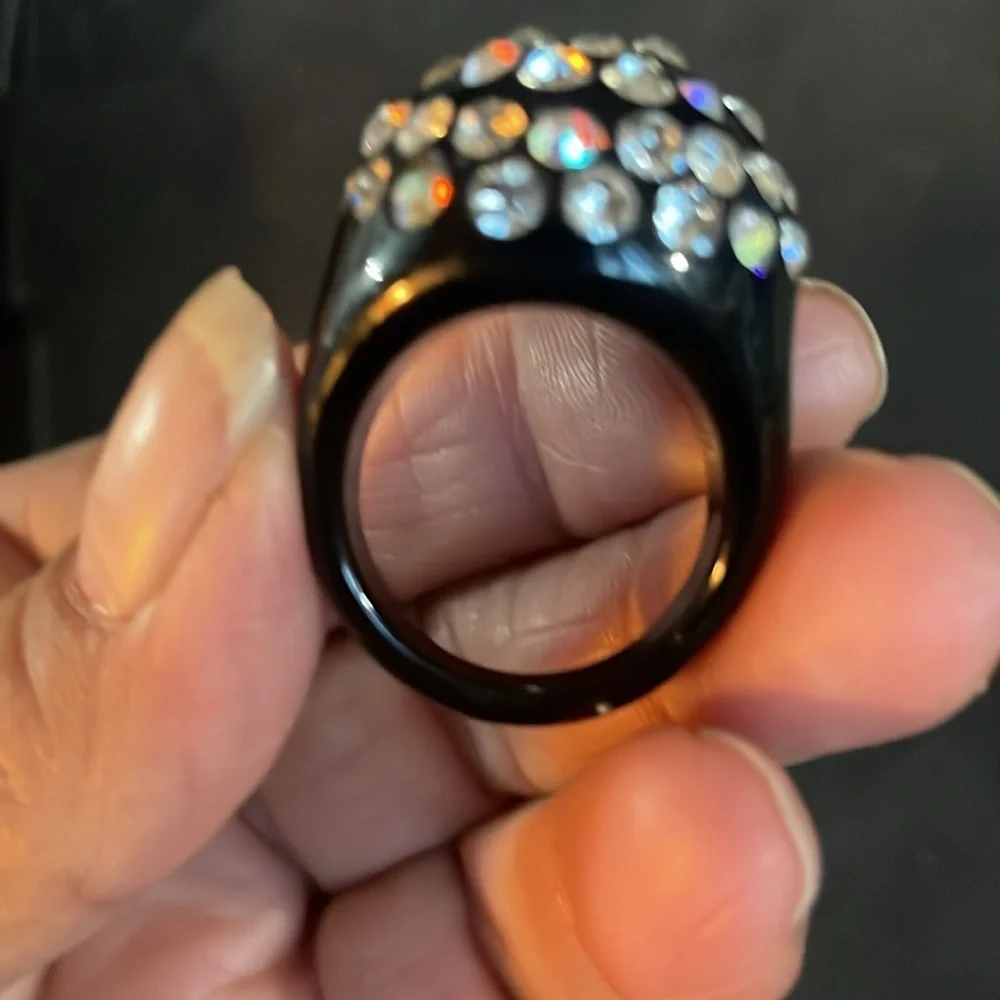Vintage retro black lucite AB crystal dome ring